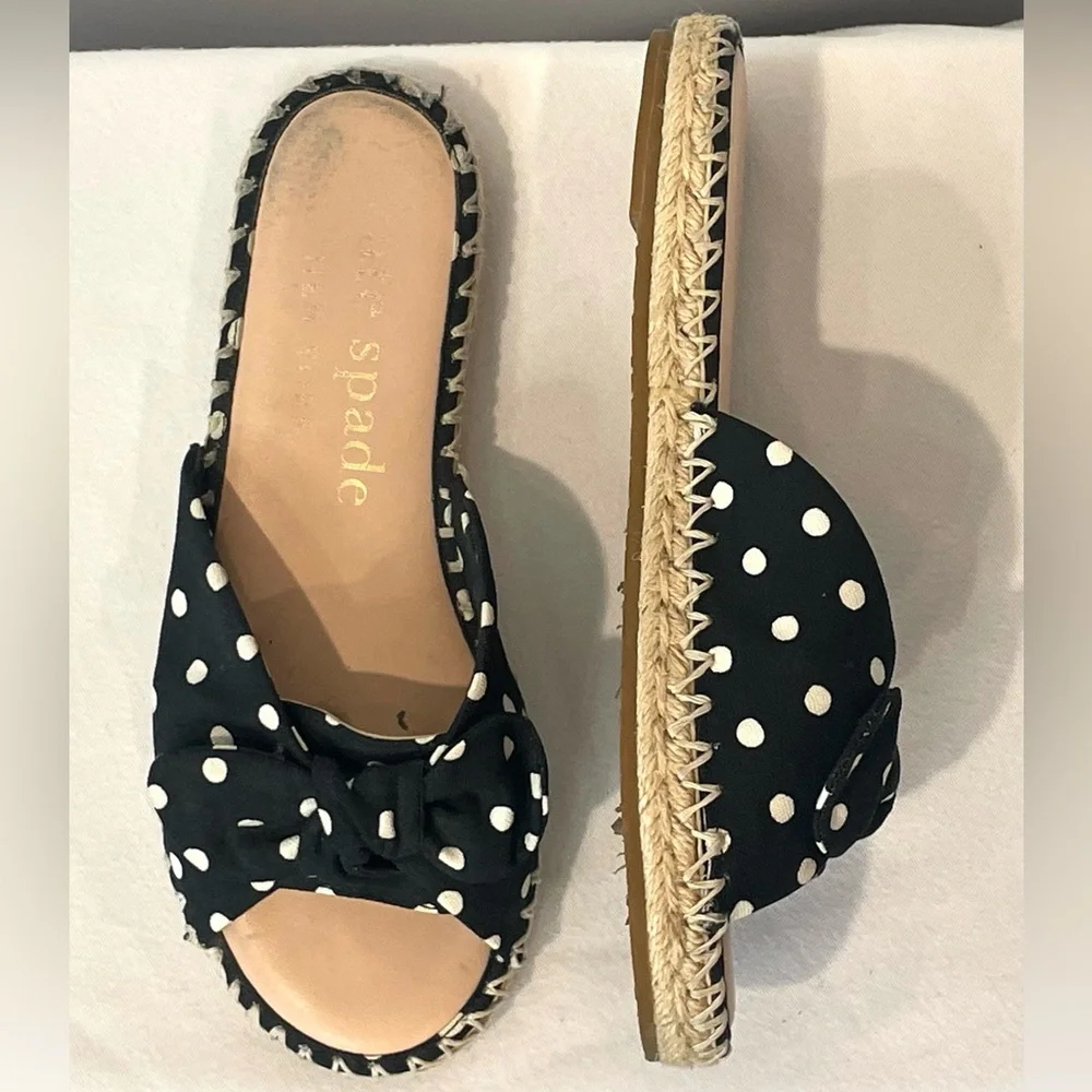 Kate Spade Espadrille Slides, Polka Dot Cotton, bows, 7, EUC